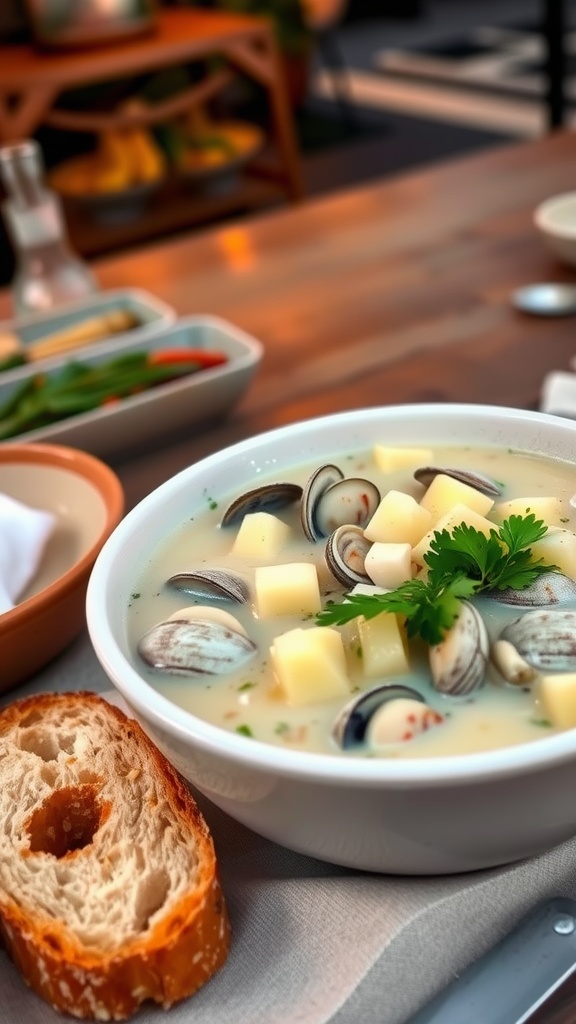 A bowl of creamy clam chowder with clams and potatoes, garnished with parsley, on a rustic table with bread.